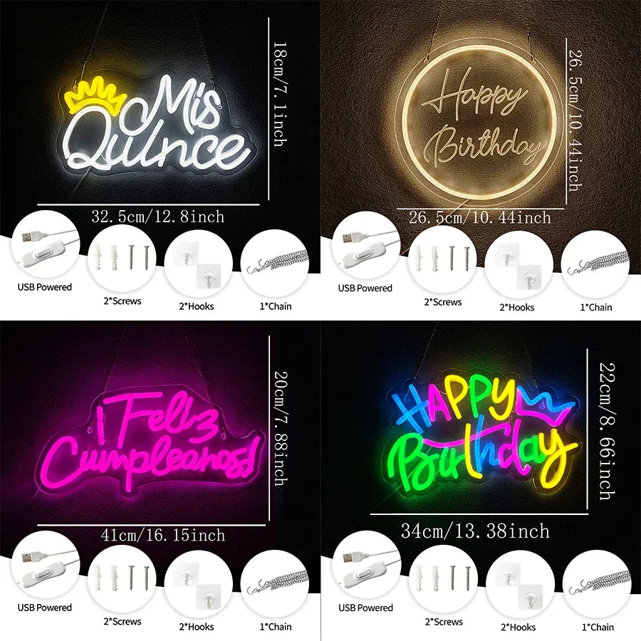 Birthday Theme Neon Sign, Led Letter Lamp Wall Decor, Usb Powered, Home Party, Birthday Party Decor, Easy To Hang.