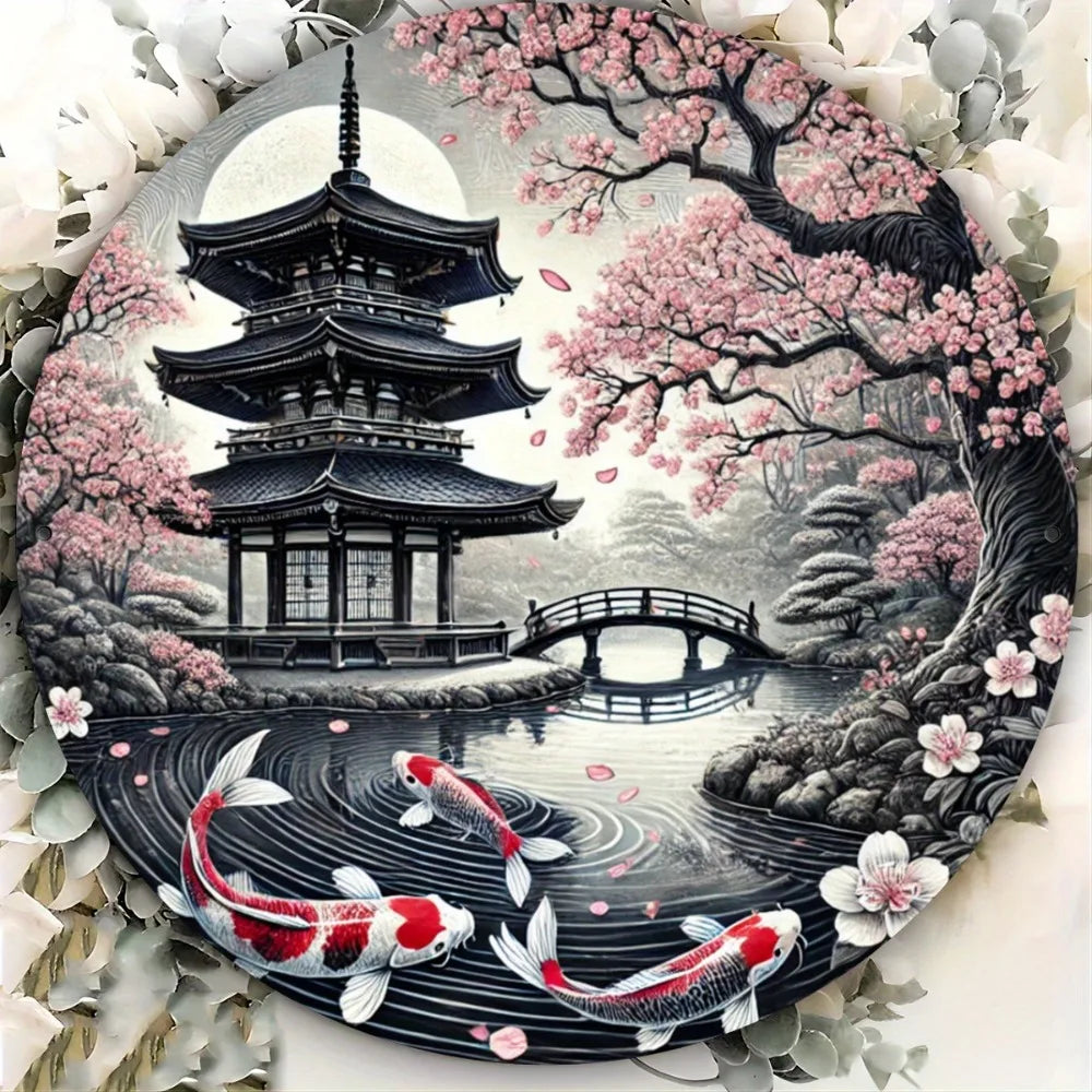 Koi Fish Metal Art Sign - Enhanced with Art Wreath, Wall Hanging Decor for Living Room, Office, Cafe, Bar, Home & Dorm