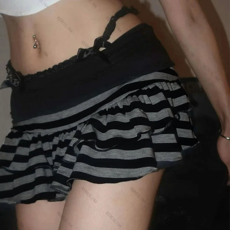 2026 Summer New Women's Wear  Y2K Grunge Black and Grey Striped Ruffle Mini Skirt  High Waist Elastic Waist Tight A-line Skirt