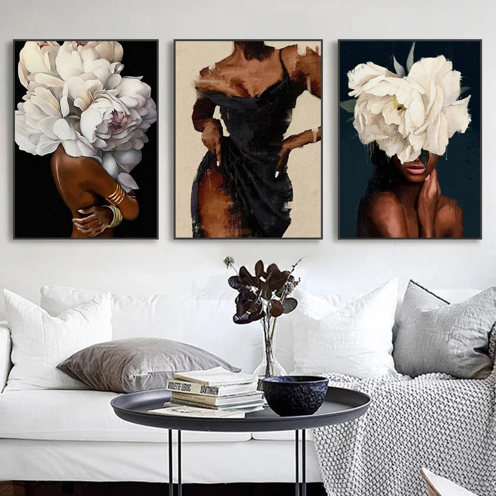 Classic Abstract Wall Art Black Woman Girl with Flowers Canvas Print Poster Printing Poster Home Living Room Bedroom Decoration