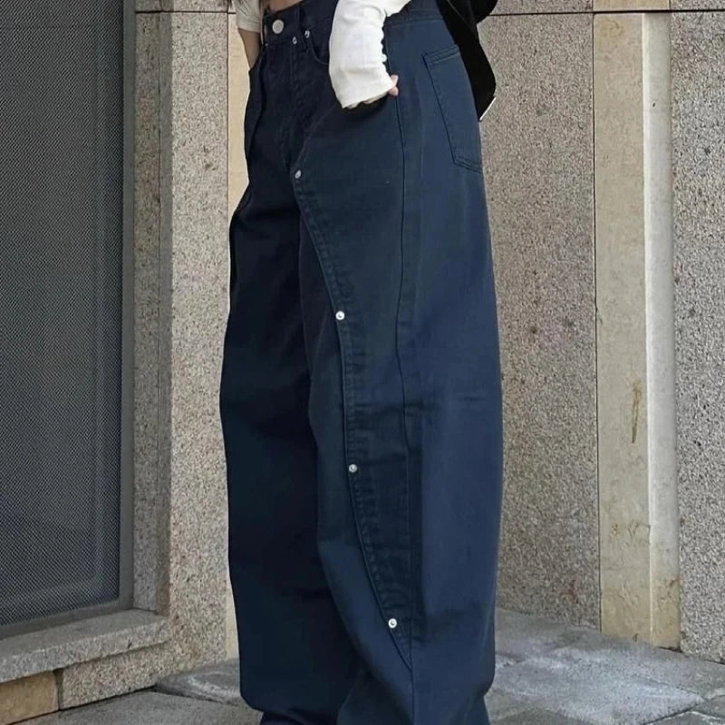 Jeans for Woman Y2k Clothes Relaxed Loose Fit Wide Leg Trousers Vintage American Retro Style with Rivet Patchwork Split Design