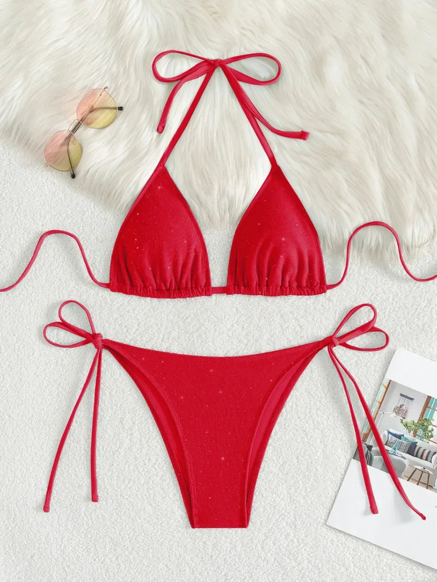 Shiny Sparkling Halter Strappy Bikini 2025 High Cut Bikinis Female Swimsuit Women Swimwear Two-pieces Bikini Set Bathing Suit