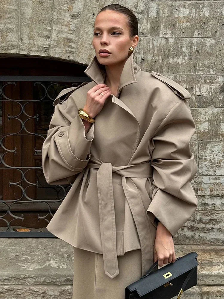 Solid Lapel Lace Up Trench Coat Women Fashion Full Sleeve Waist Cinching Short Windbreak New Autumn Office Commute Outwear 2026
