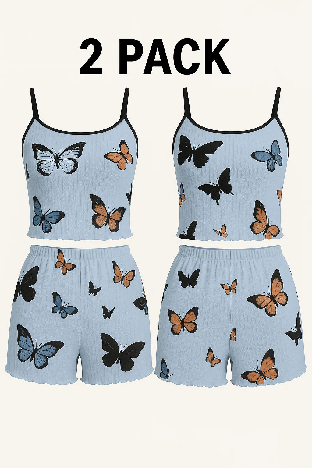 Butterfly Print Pajama Set Lettuce Trim Cami Top  Elastic Waistband Shorts Women  Sleepwear Loungewear