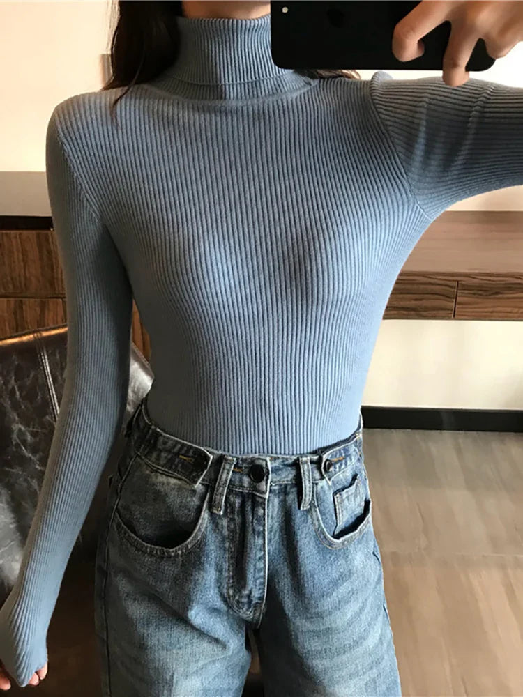 2026 Autumn Winter Thick Sweater Women Knitted Ribbed Pullover Sweater Long Sleeve Turtleneck Slim Jumper Soft Warm Pull Femme