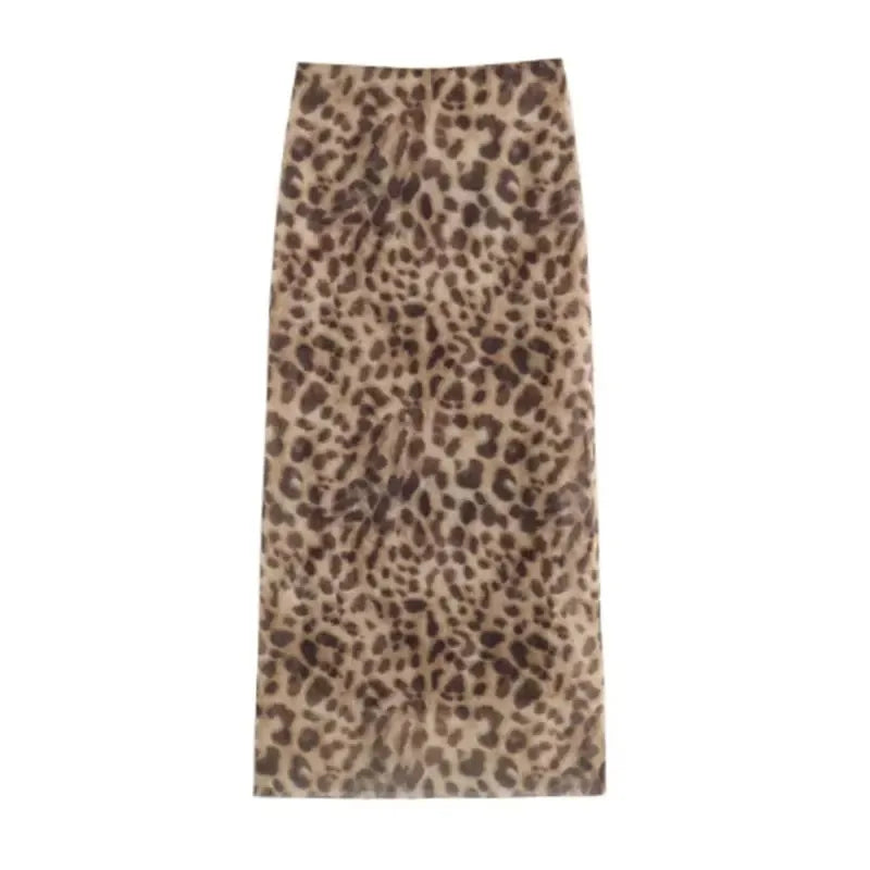 Women Leopard Tulle Midi Skirt Summer Fashion High Waist Elasticated Waistband Long Skirts Streetwear