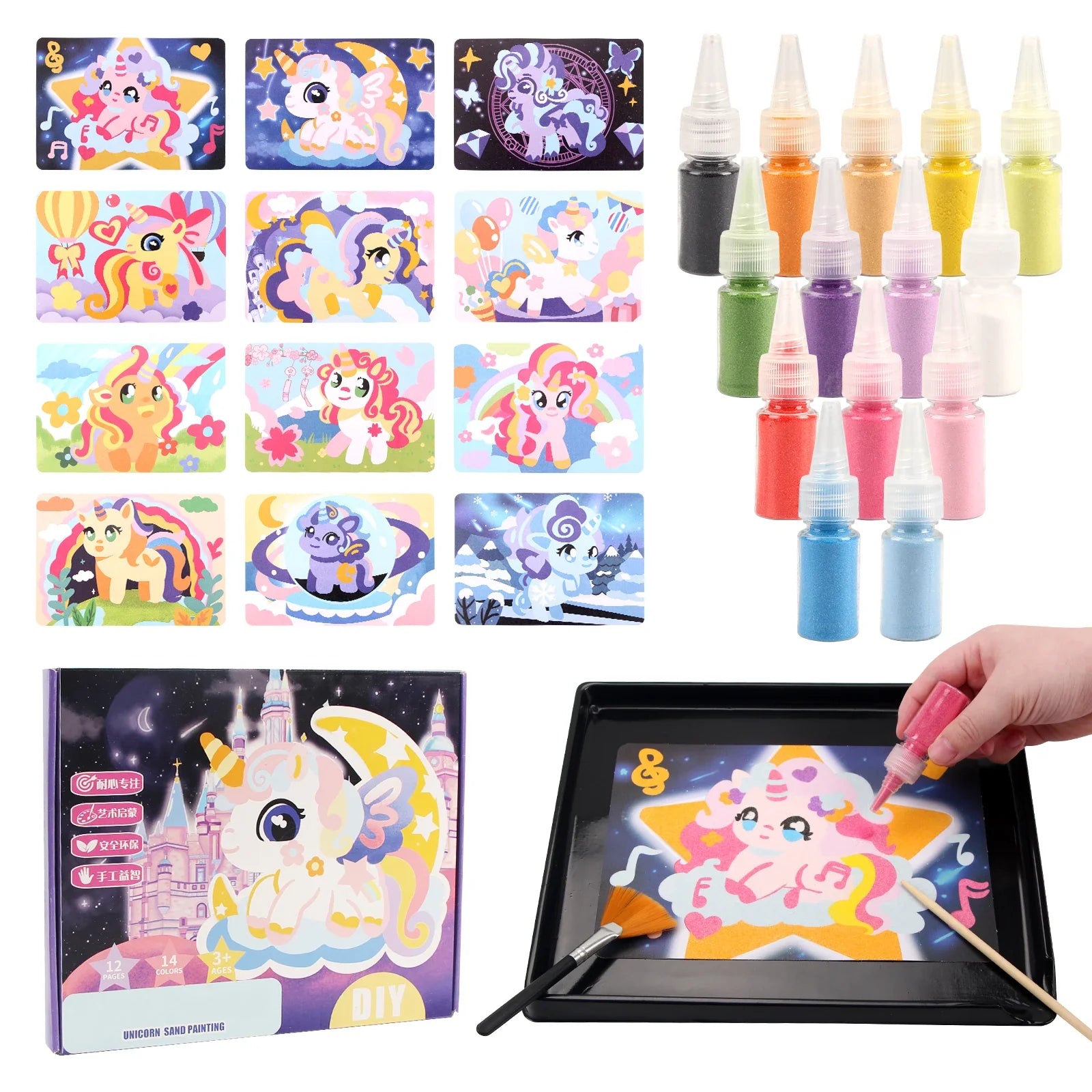 Sand Art Kit DIY Sand Painting Craft 14 Color 12 Princess Sand Painting Cards Montessori Toys Educational Toys for Kids Gifts