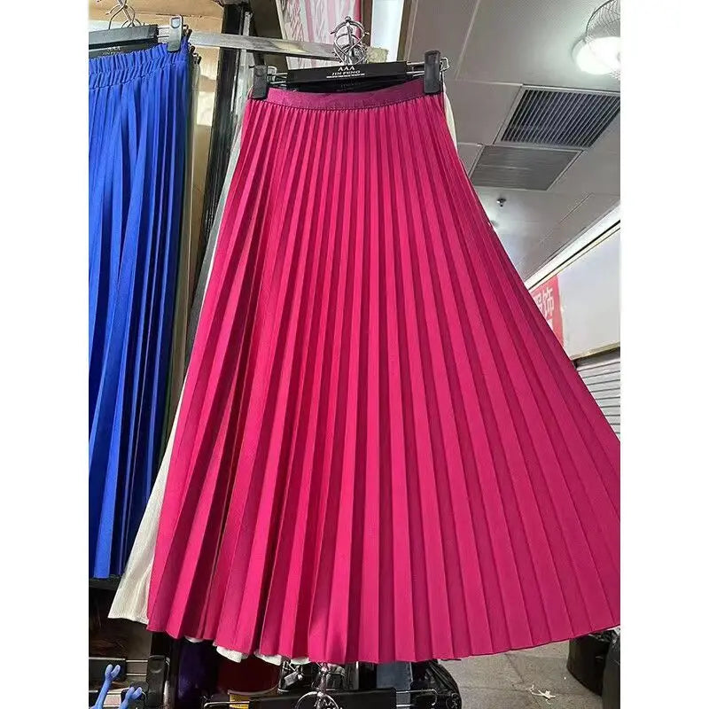 2026 Elegant High Waist Pleated Skirt for Women Mid-long Midi Skirt Female High Quality Black Saia