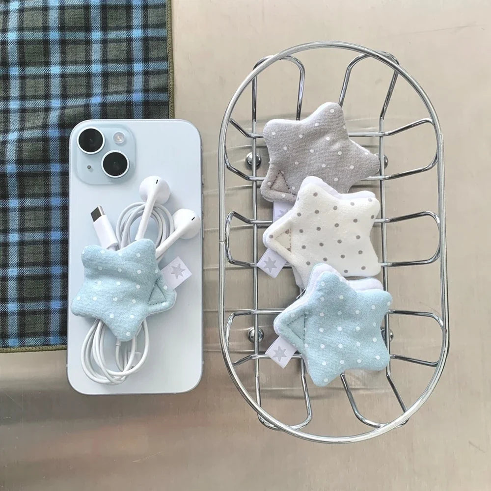 Y2k Japanese Earphone Decoration Accessories Handmade Fabric Star Wave Point Earphone Storage Bag Data Cable Organizer