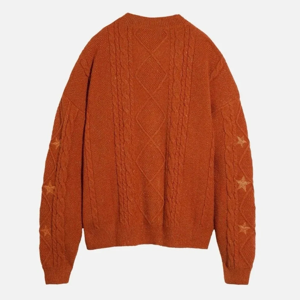 Glittery TS Cardigan Women Orange Chunky Knit Sweater with Star Embroidery Gold Thread Showgirl Cardigan Tay Cardi TLOAS