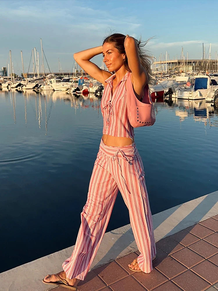 Striped Lace Up Vest Pants Set Women Sleeveless Backless Top High Waisted Trousers Sets Female 2024 New Lady Streetwear Outfit