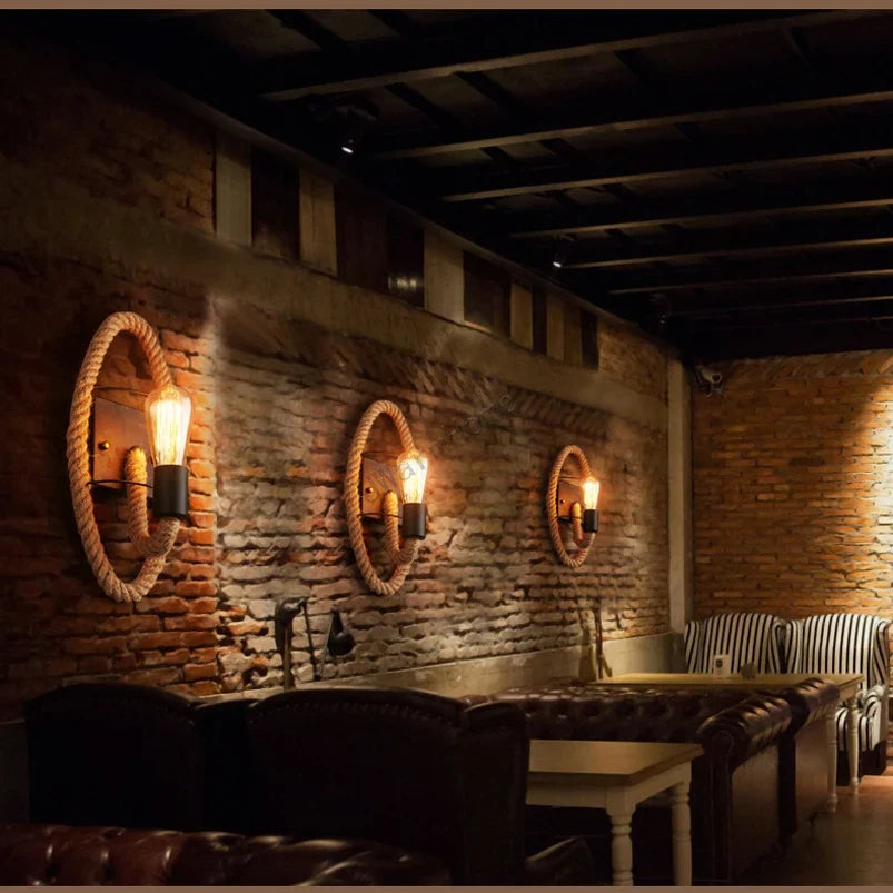 Retro Loft Rope Wall Lamp Stair Aisle Corridor Bedroom Living Room Restaurant Pub Cafe Wall Light Bra Round Wall Sconce