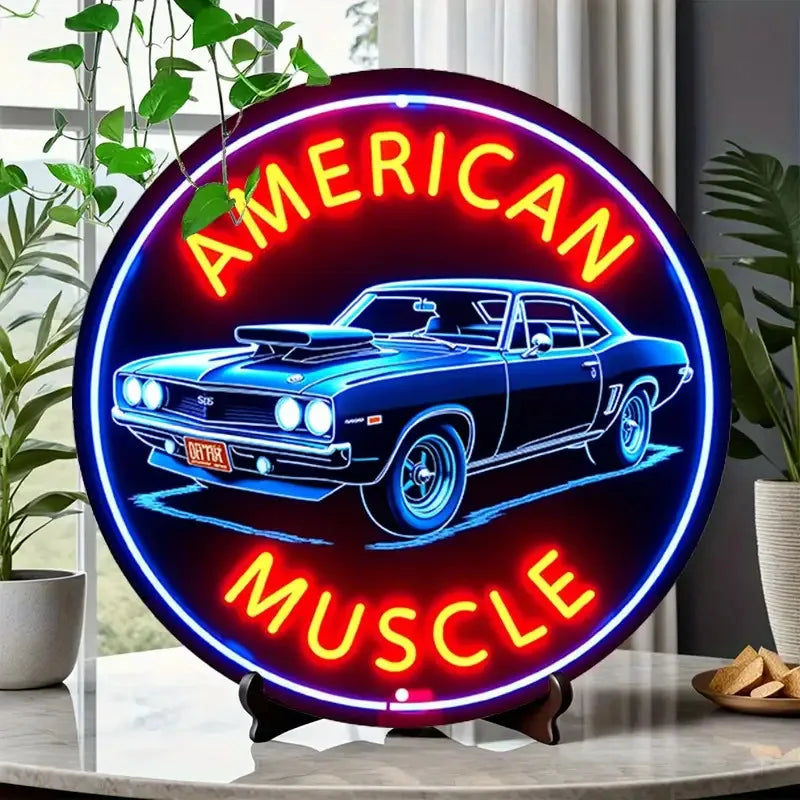 1pc Vintage-Inspired American Muscle Car Neon Sign Round Aluminum Wall Art With Sleek Edges, Bright Red & Blue, Perfect For Cafe