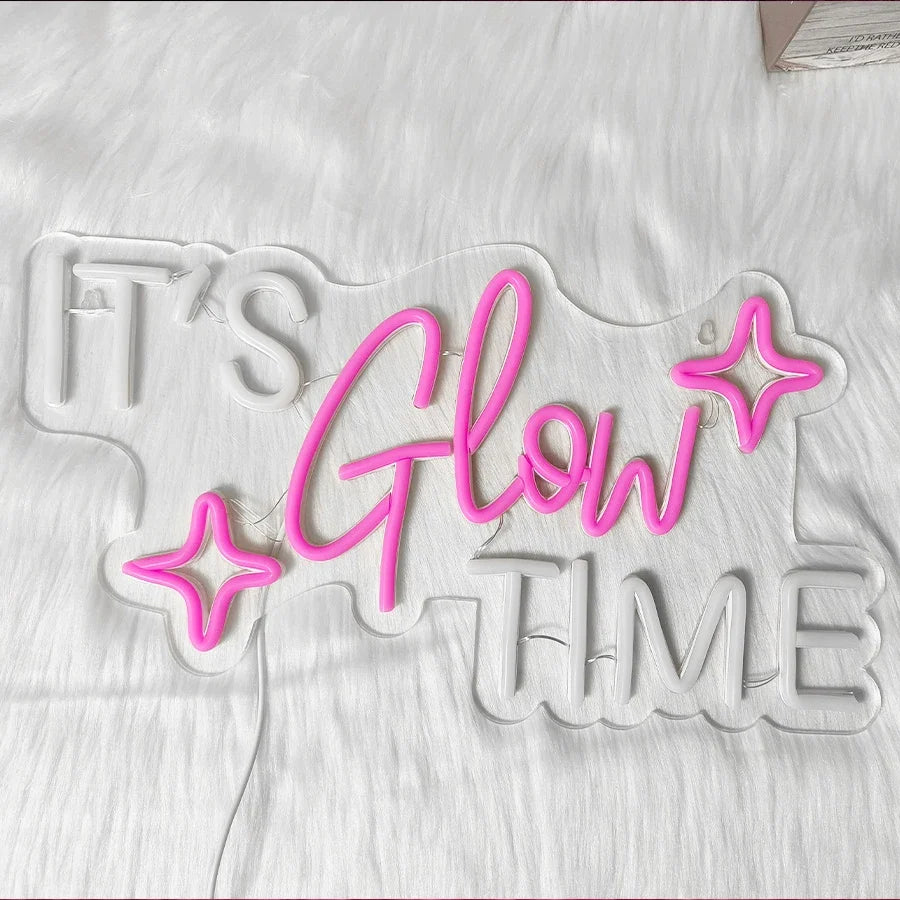 It'S Glow Time Neon Sign, Pink Heart Icon Handmade Usb Powered, Used For Bachelor Party, Beauty Salons, Nail Salons Art Decor.