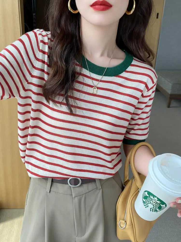 2026 Stripe Tops Women Knitted Round Collar Summer Print Short Sleeve Casual Simple Wild T-Shirt