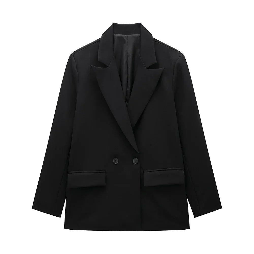 Willshela Women Fashion With Pockets Solid Double Breasted Blazer Vintage Long Sleeves Notched Neck Female Office Lady Outfits