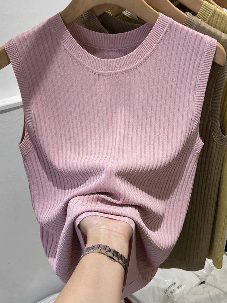 Korea Knitted Vests Women Top V-neck Solid Tank Blusas Mujer De Moda 2026 Summer New Fashion Female Sleeveless Casual Thin Tops