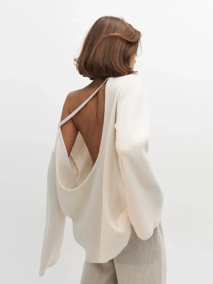 Wolfeel Autumn Winter New Women's Cotton Sweater Backless Design Loose Knit Pullover Jumper Fashionable Commuting Sweater