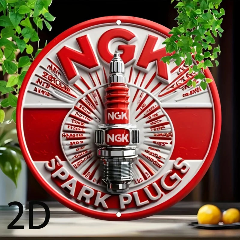 2D Flat, NGK Spark Plugs Aluminum Wall Sign, Retro 2D Round Metal Tin Plaque, Pre-Drilled, Waterproof, Weather-Resistant