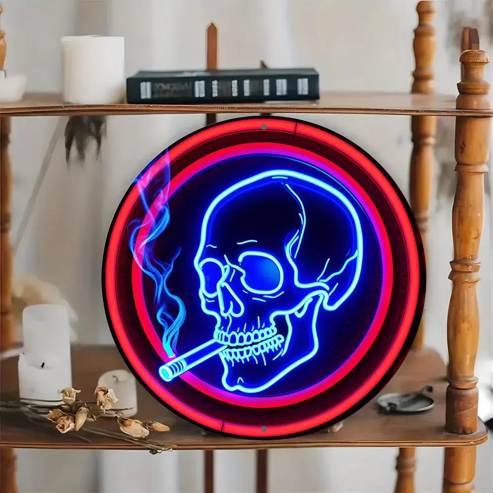 Stand out  Aluminum Neon Skull Sign. Round, Cigarette Wreath.Ideal Wall Art for Kitchen, Office, Garden. Great for Festive Decor