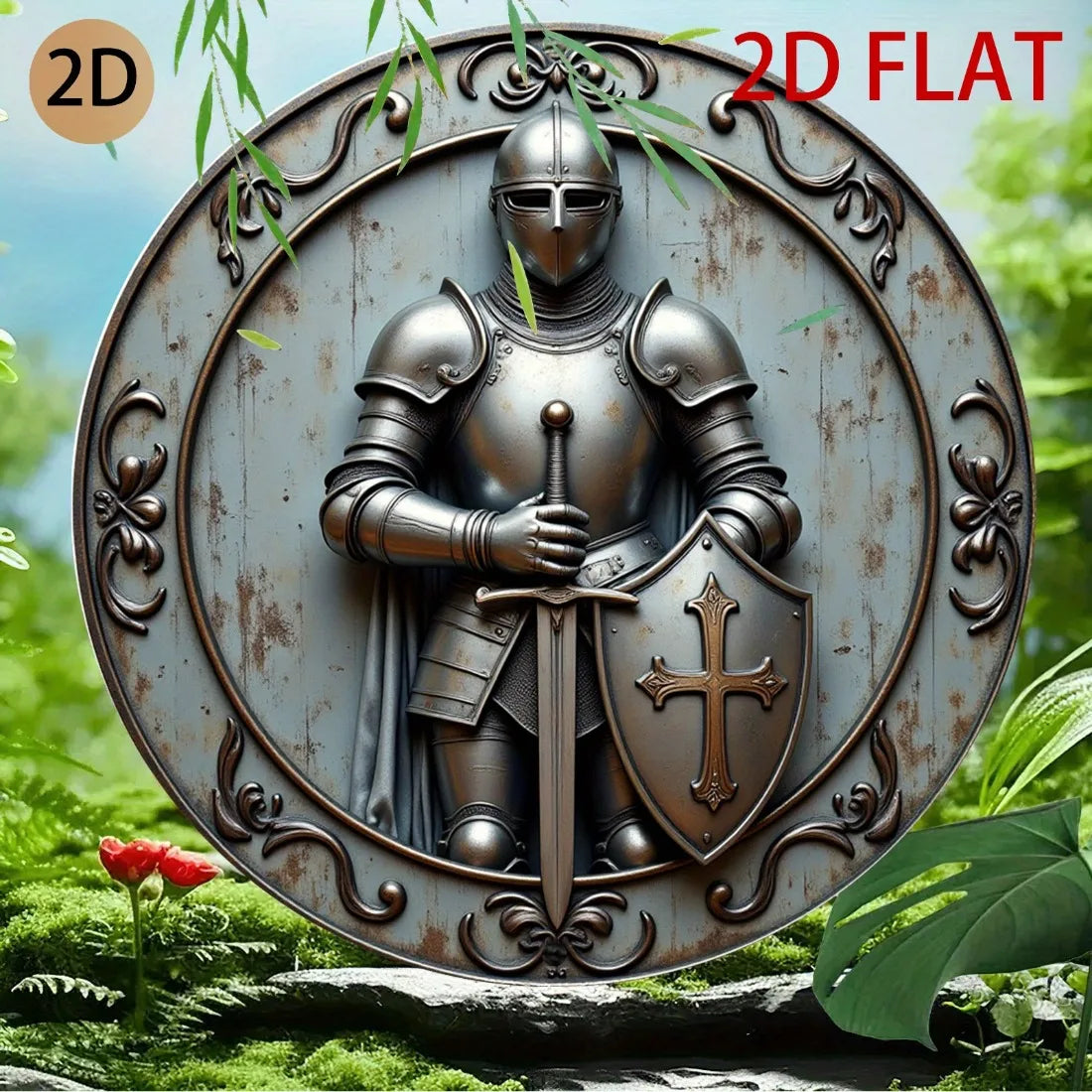 Medieval Knight Metal Wall Art, 3D Shield Spear Round Aluminum Decor for Home Bar Garden