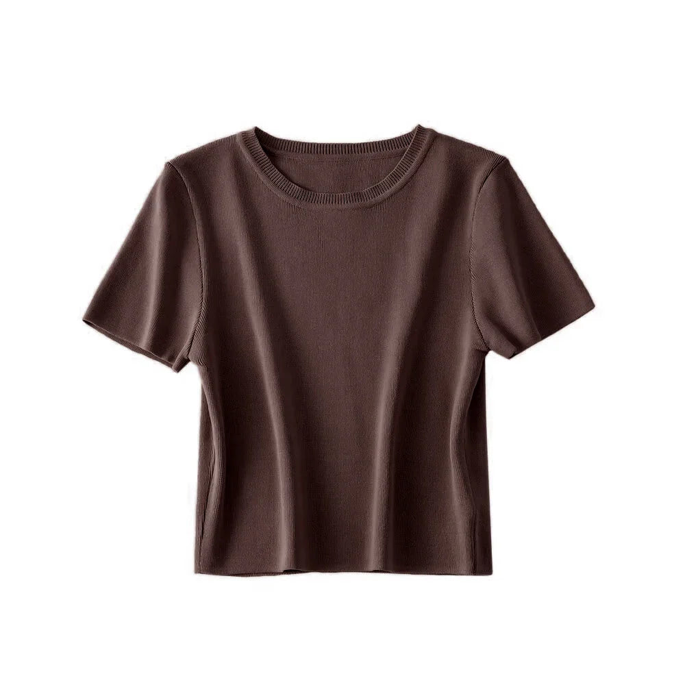 Women Fashion Striped Basic Cropped Knit Sweater Vintage O Neck Short Sleeve Female Pullovers Chic Tops
