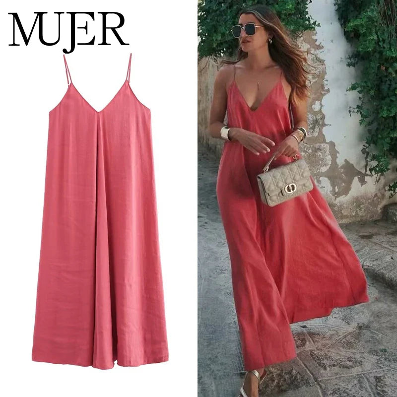 MUJER 2025 Red Slip Maxi Dress Women Sexy Backless Long Dresses for Woman Summer Beach Female Dress Draped Party Dresses Women