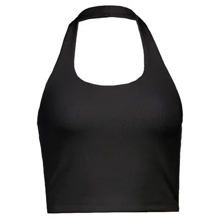 Women's Sexy Spice Hanging Neck Backless Small Suspenders Slim Short Neckline Solid Color Threaded Peplum Short Tops