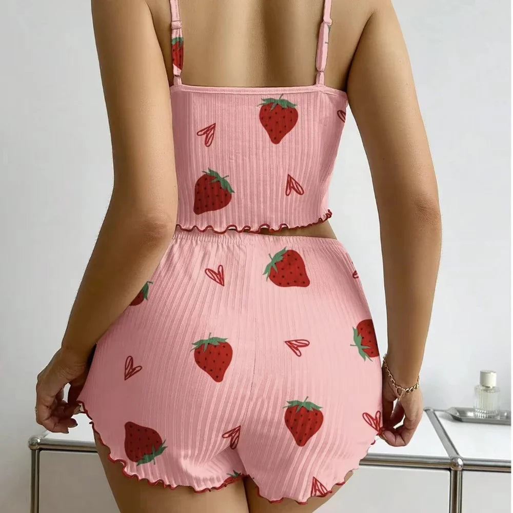 Women's Strawberry Print Ribbed Knit Ice Silk Camisole Pajama Set Comfortable Two-Piece Sleepwear for Summer