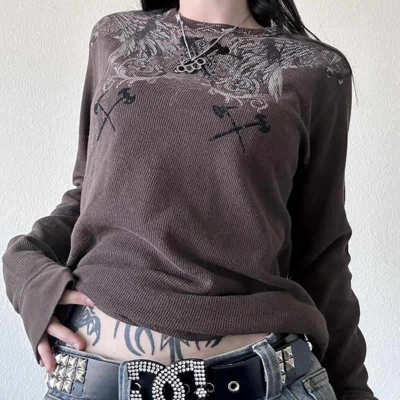 Y2K Grunge Cyber Mall Goth Thermal T-shirt Skulls Graphic Print Long Sleeve Pullovers Tops Women 90s Vintage Aesthetic Tees