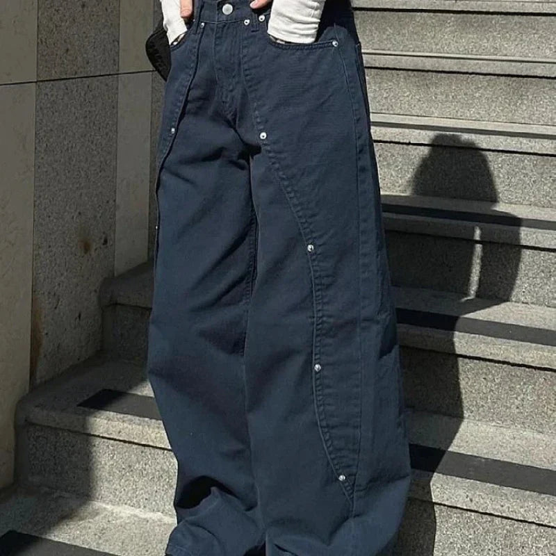 Jeans for Woman Y2k Clothes Relaxed Loose Fit Wide Leg Trousers Vintage American Retro Style with Rivet Patchwork Split Design