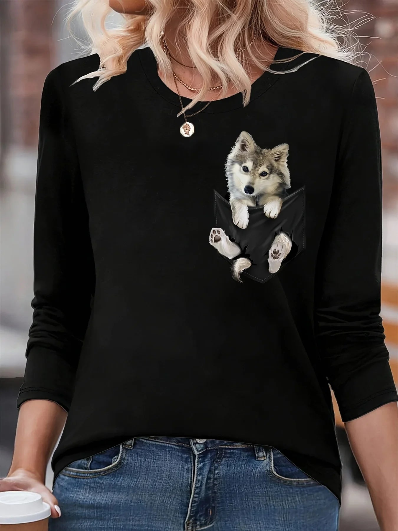 Women's autumn and winter 100% pure cotton fashionable casual heart-shaped printed round neck long sleeved T-shirt top