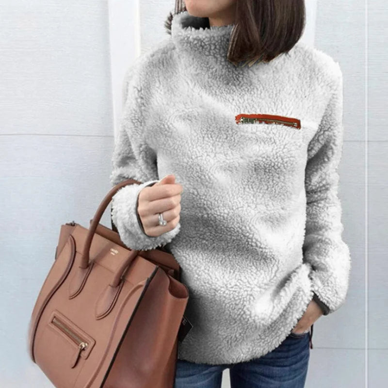 Women Autumn Winter Warm Velet Turtleneck Pullover Sweater Fashion Zipper Super Soft Long Sleeved Tops Female Solid Loose Cloths
