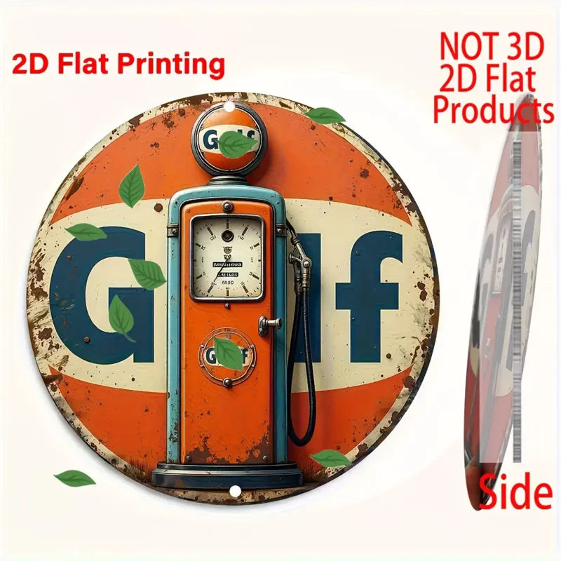 Vintage, Durable & Waterproof 8x8 Inch Round Aluminum Wall Art - 2D Flat Gas Pump Metal Sign with Classic Car Design