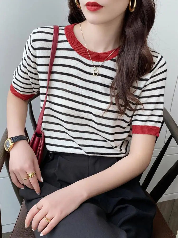 2026 Stripe Tops Women Knitted Round Collar Summer Print Short Sleeve Casual Simple Wild T-Shirt