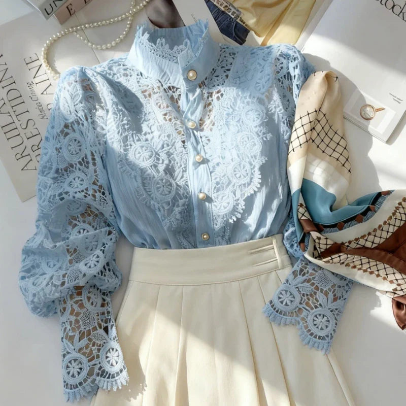 New Women's Long Sleeve High Neck  Chic Blouse, Lace Paneled Hollow Sleeve Elegant Top, Vintage Fashion Office Lady Outfits