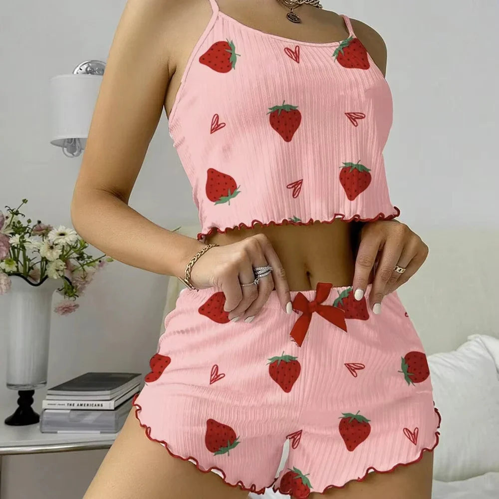 Women's Strawberry Print Ribbed Knit Ice Silk Camisole Pajama Set Comfortable Two-Piece Sleepwear for Summer