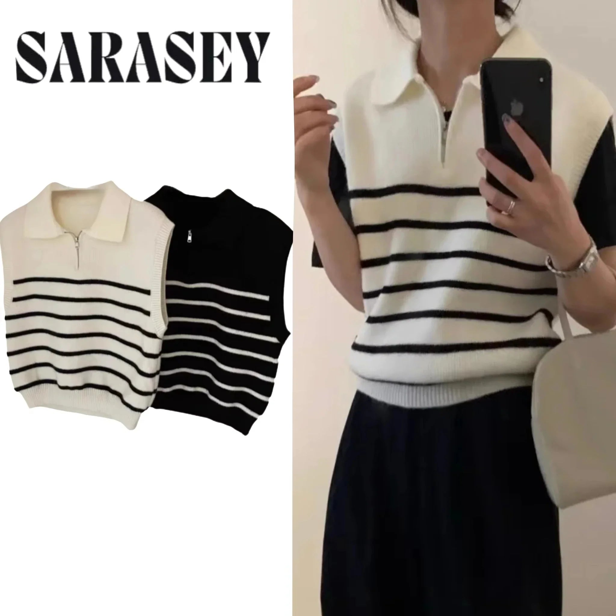 Korean Retro Lapel Zipper Stripe Knitted Vest Women Autumn Winter Sleeveless Sweater Casual 100% Polyester Pullover Outerwear