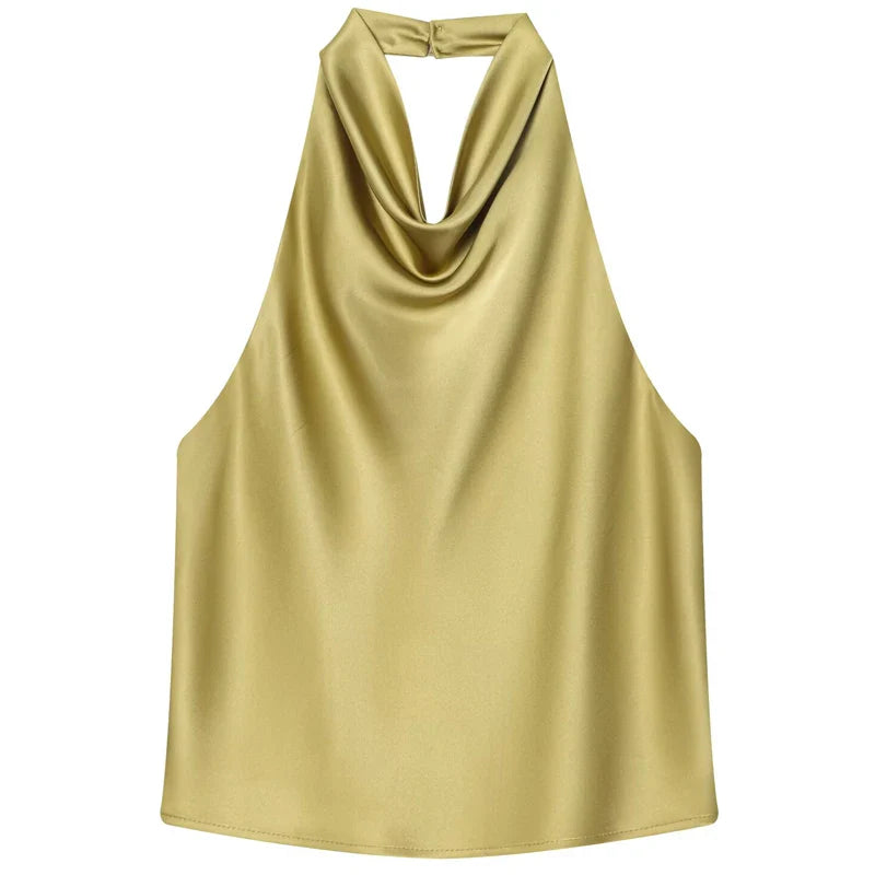 HXAO Top Women Halter Satin Women Tops Backless Corset Top Vest Yellow Pink Black Summer Elegant Sexy Tops Tank Vestidos