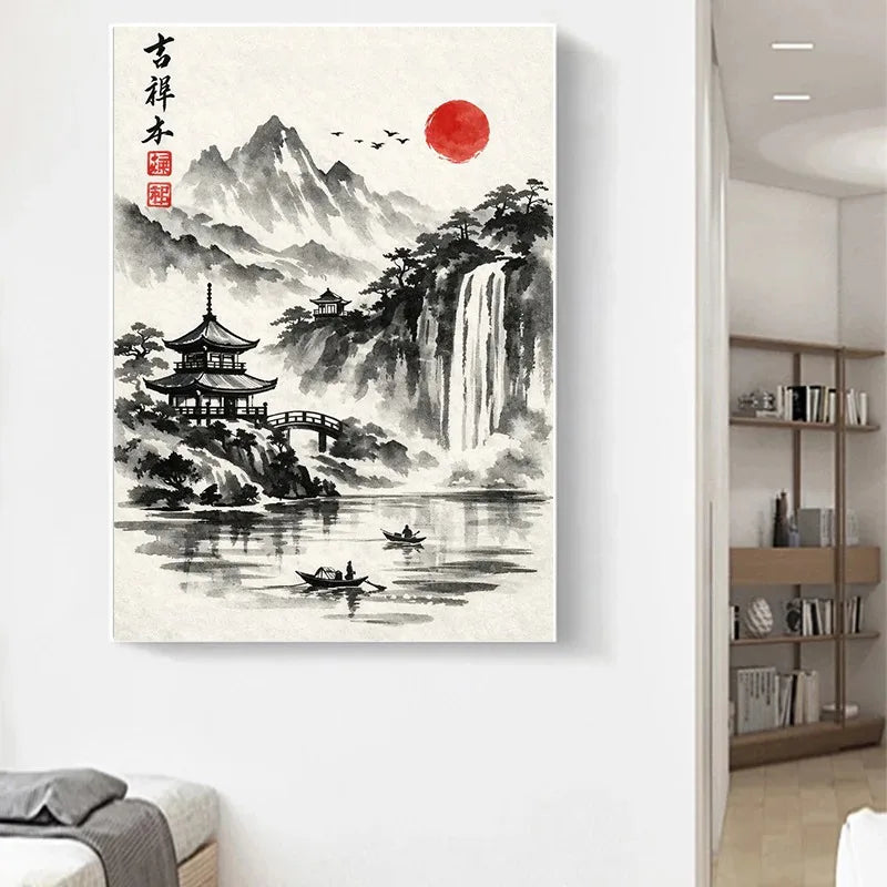 Japanese Ink Painting Landscape Spring Cherry Blossoms Canvas Print Asian Style Wall Art Poster for Living Room Home Decor Gift