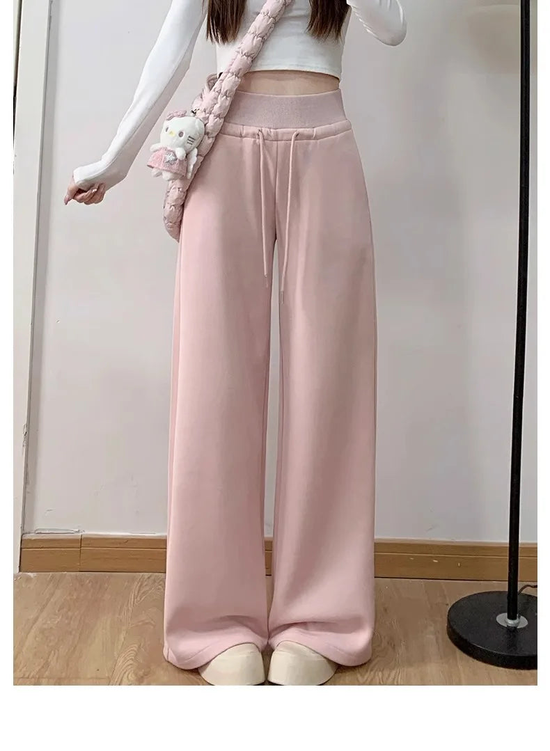 Women's gray sports high waist hanging loose slimming straight leg wide leg pants American sweatpants.