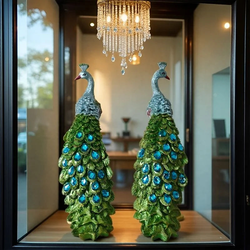 A pair of exquisite peacock ornaments standing on Roman columns add an artistic touch to the home.