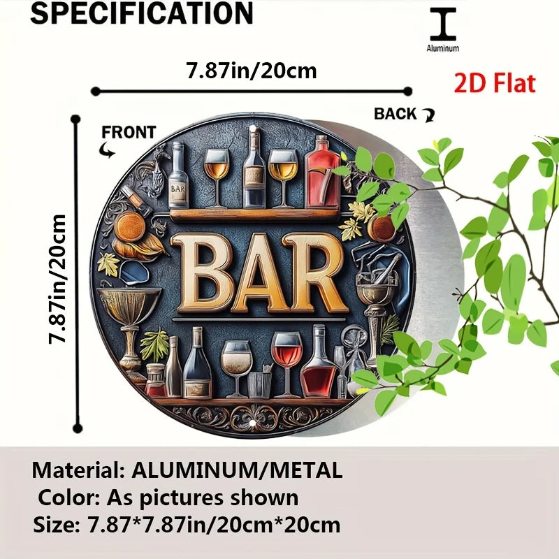 2D Flat, 1pc Vintage Metal Bar Sign - Elegant Wine & Glasses Design, Retro Aluminum Round Wall Art for Bars, Cafes, Beach Houses