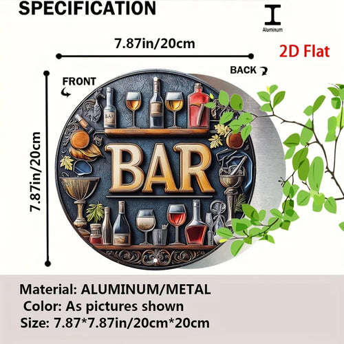2D Flat, 1pc Vintage Metal Bar Sign - Elegant Wine & Glasses Design, Retro Aluminum Round Wall Art for Bars, Cafes, Beach Houses