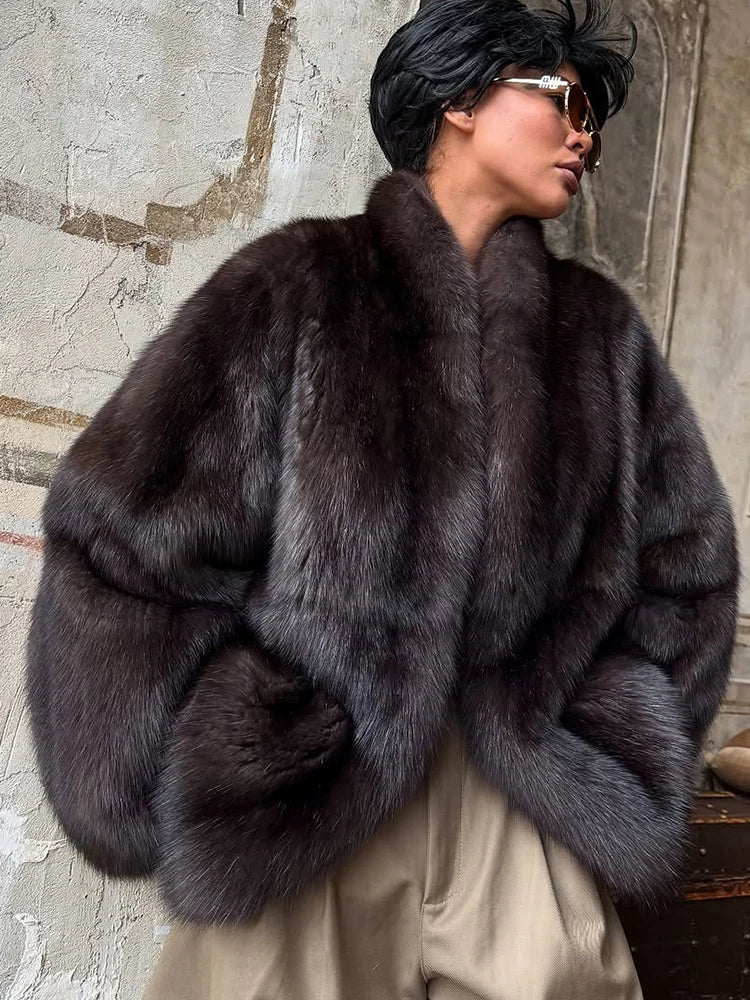 Solid Medium-length Fur Coat Women Elegant Lapel Hidden Button Loose Outerwear 2025 Winter New Office Lady Commute Overcoat