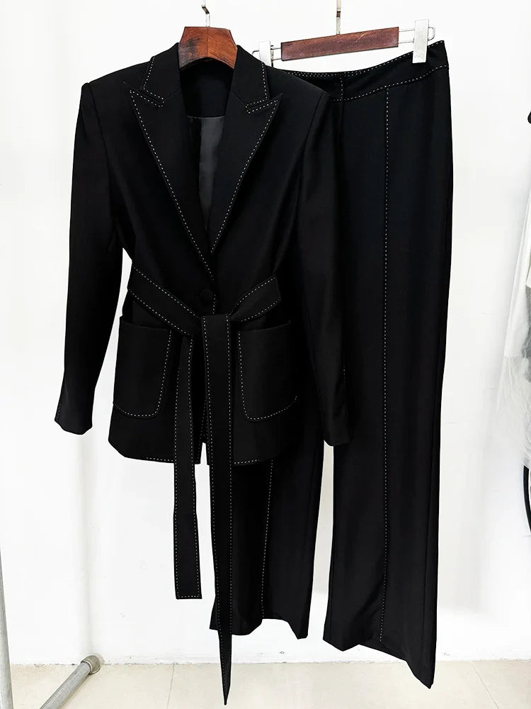 HIGH STREET Newest Fashion 2026 Designer Suit Set Women's Contrast Stitching Belted Blazer Pants Suit 2pcs