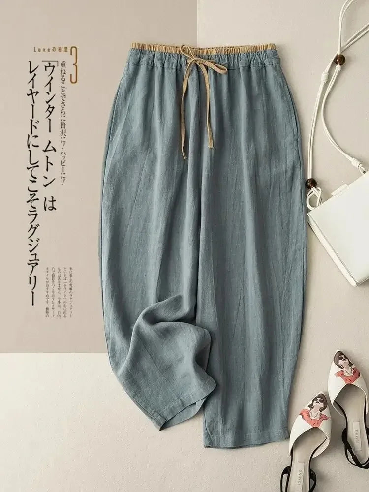 Retro commuting pants, Korean version, minimalist style, cotton linen wide leg casual pants, women's loose hanging straight leg