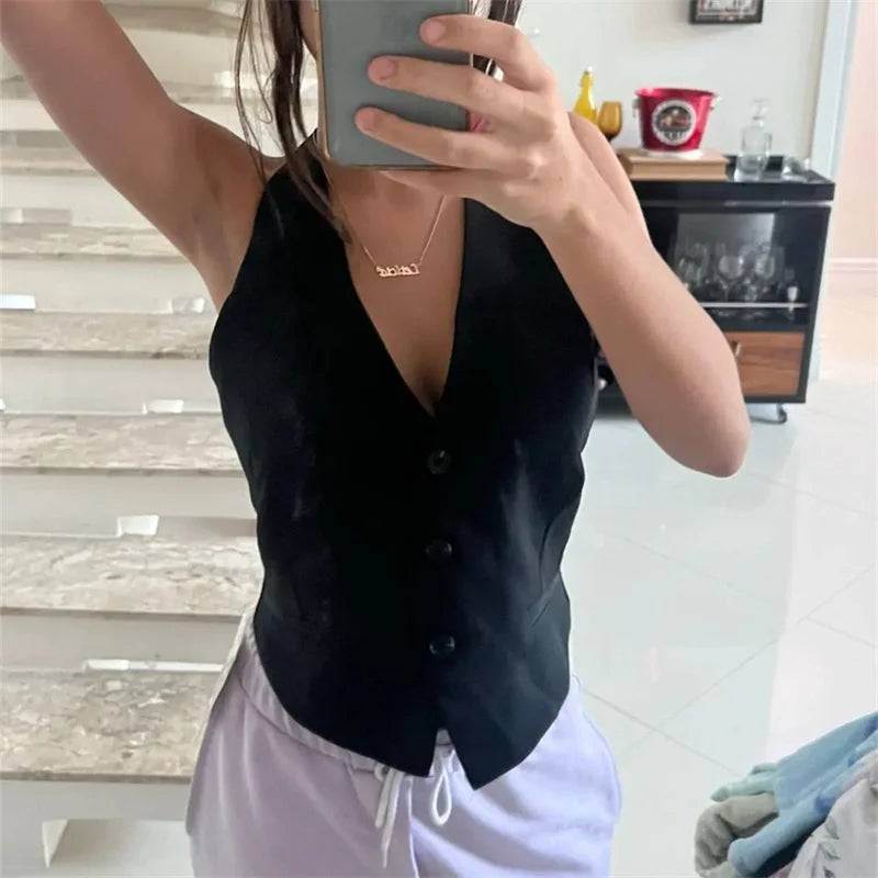 MUJER Off Shoulder Sleeveless Vest Women Black White Cropped Vest Woman Fashion Backless V Neck Short Coats Summer Waistcoat