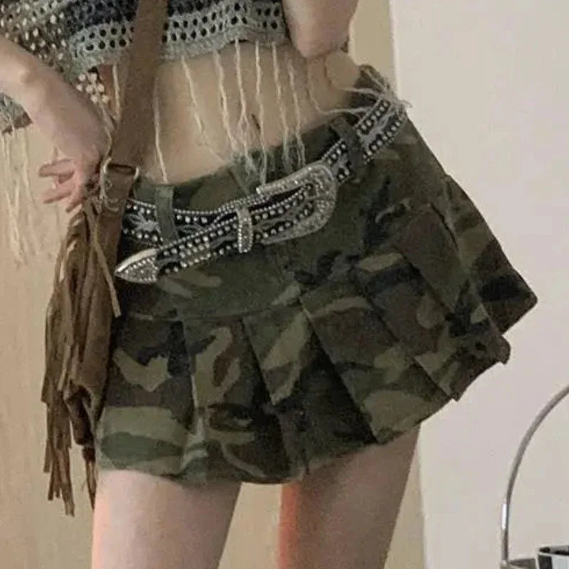 Pleated Skirts for Women American Style Vintage Clothing Summer Camouflage High Street Fit Students All-match Young Sexy Chic