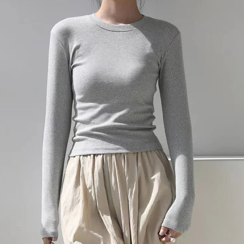 Cotton O Neck Long Sleeve Shirt Women Sexy Cropped Tops 2026 Autumn Black Casual Skinny Slim Basic Woman T Shirts White Clothing